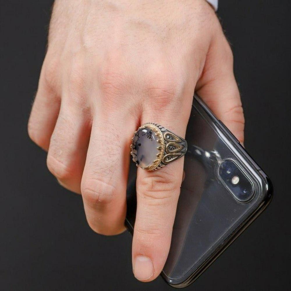 Designer Men's Handmade Retro Ink Moonstone Turkish Ring - Size 8 Size ONE SIZE - 6 Thumbnail