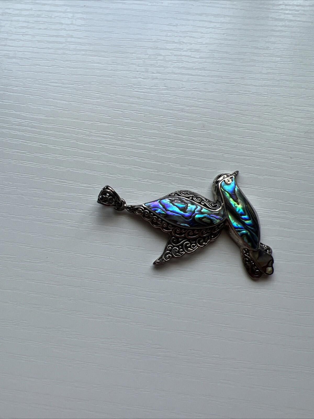 Designer VTG Sterling Abalone Paua Shell Hummingbird Necklace Pendant Size ONE SIZE - 2 Thumbnail