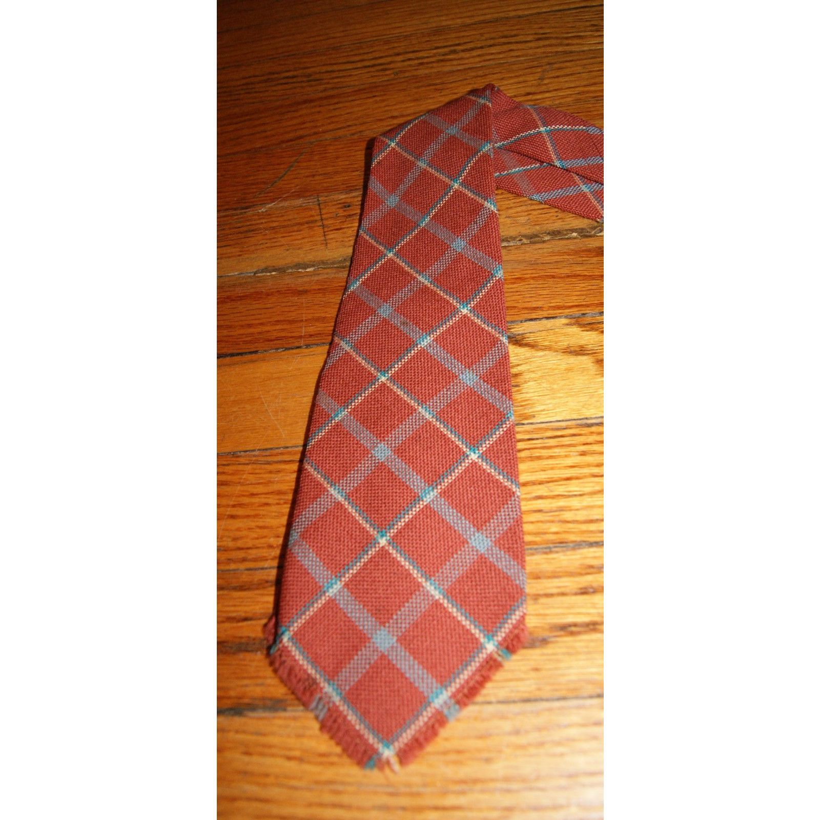 Vintage 1930s VTG TARTAN WOOL TIE CAPE COD Orange Blue Ivory Plaid Size ONE SIZE - 2 Thumbnail