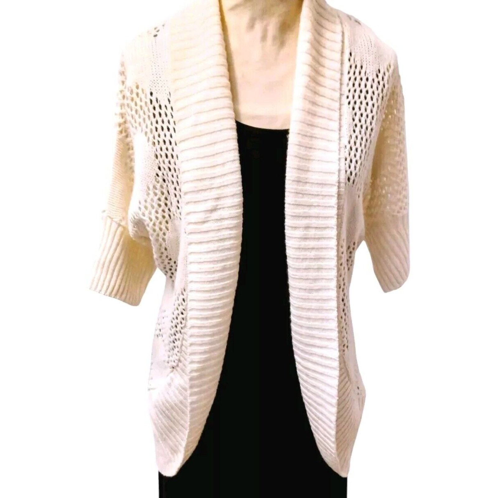Other Takeout HEART Knit Cardigan Sz M Ivory Open Weave Bohemian Size M / US 6-8 / IT 42-44 - 3 Thumbnail