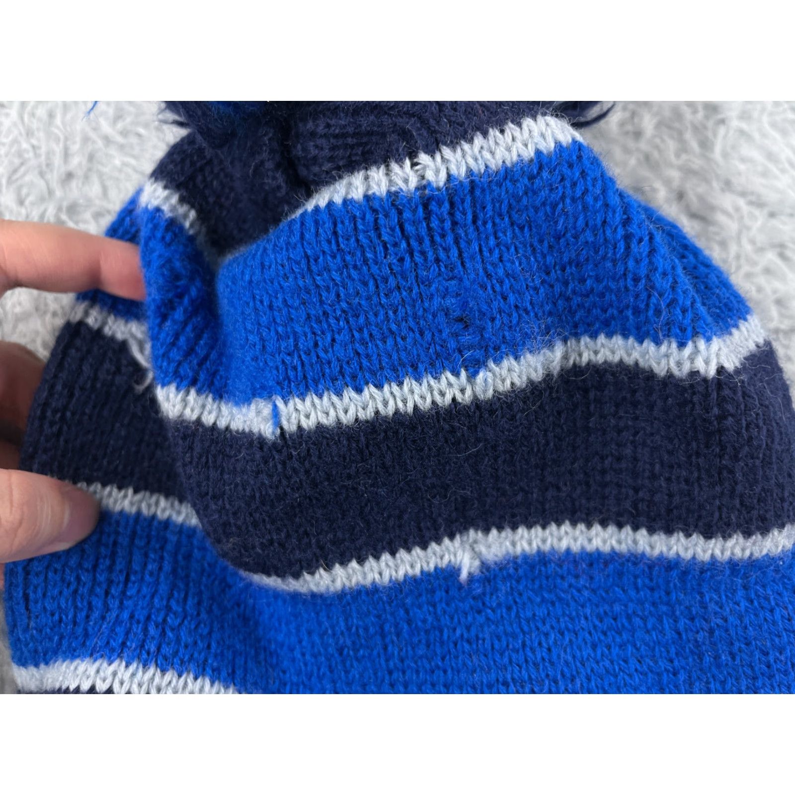 Vintage Smiley Beanie Adult One Size Blue Knit Stripe Wool Spandex Winter Pom Ski Hat/Cap Beanie Mens Womens Unisex Adults Knit Style Logo Ski 90s Size ONE SIZE - 2 Thumbnail