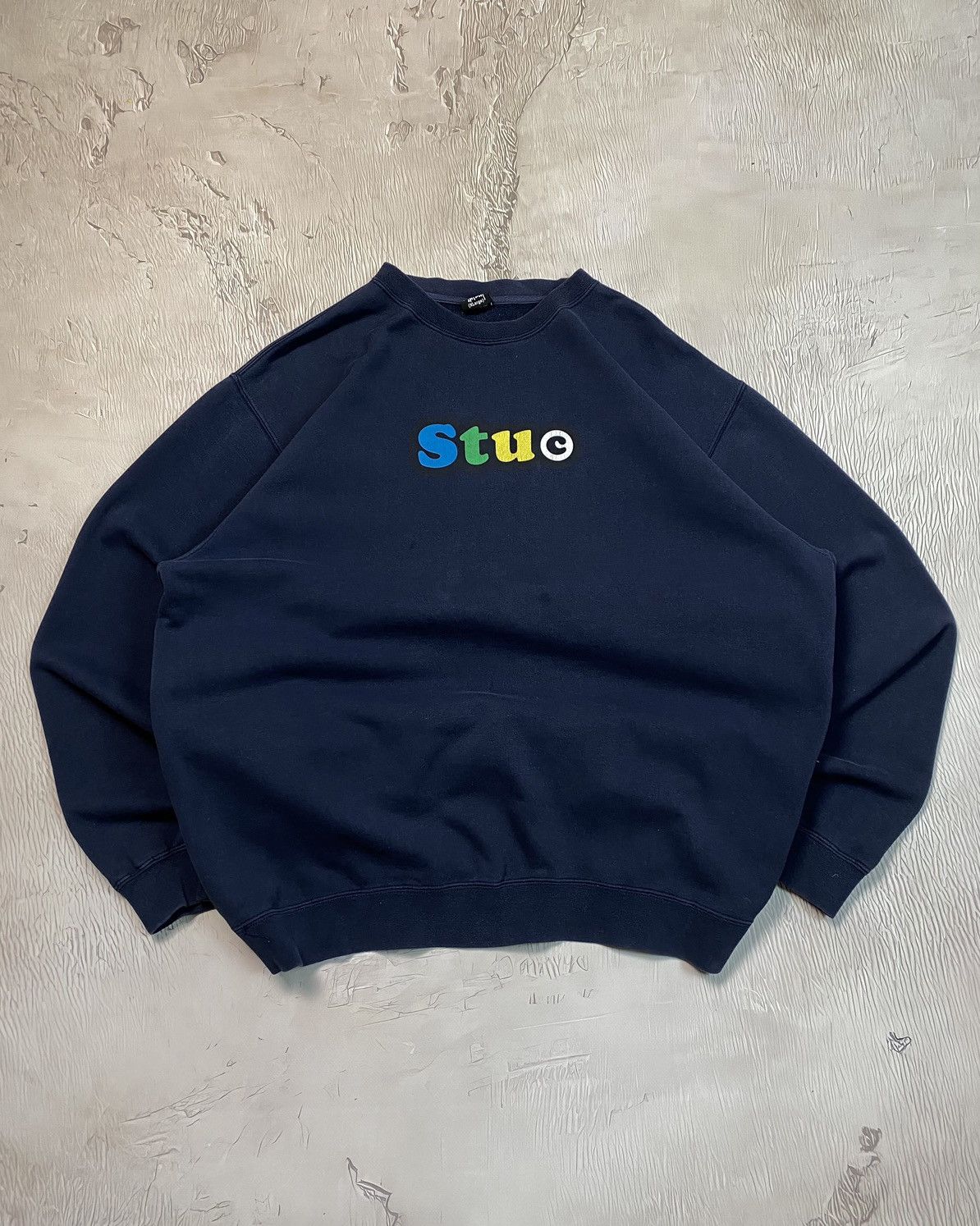 image of Made In USA x Stussy Stu Vintage Boxy Oversized Central Logo Sweatshirt in Navy, Men's (Size XL)