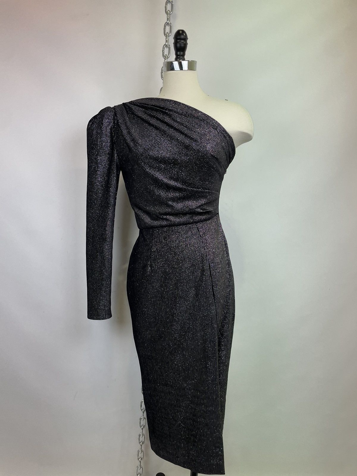 image of Bronx And Banco One Shoulder Black Shimmer Dress Size Small, Women's