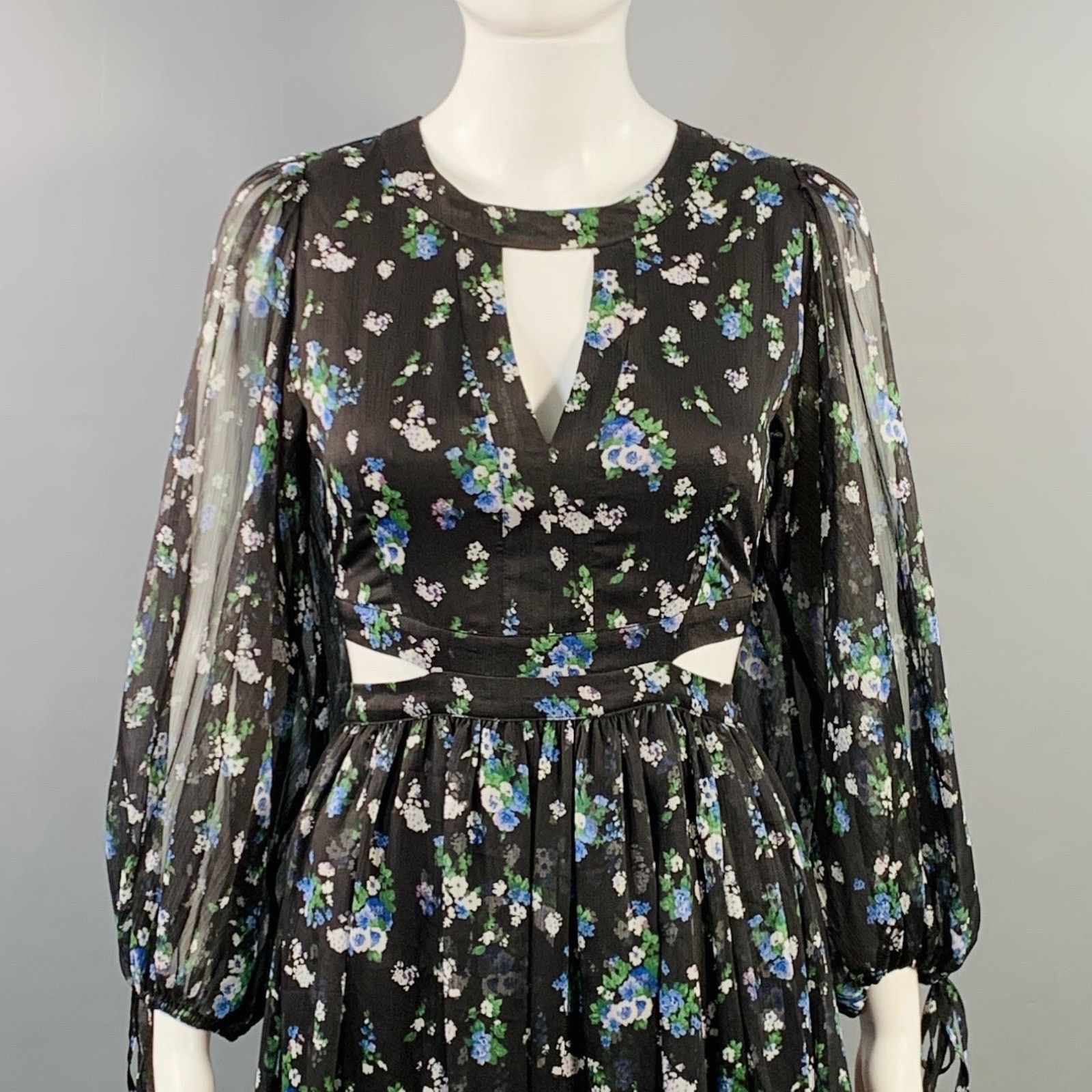 Maje MAJE Black Green Blue Chiffon Floral Cutout Midi Dress Size S / US 4 / IT 40 - 2 Thumbnail