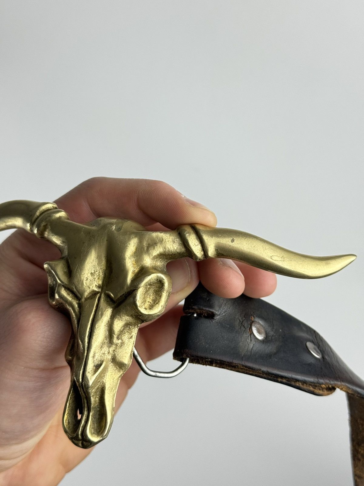Vintage Leather Belt with Brass Longhorn Skull Buckle – Western Size ONE SIZE - 3 Thumbnail