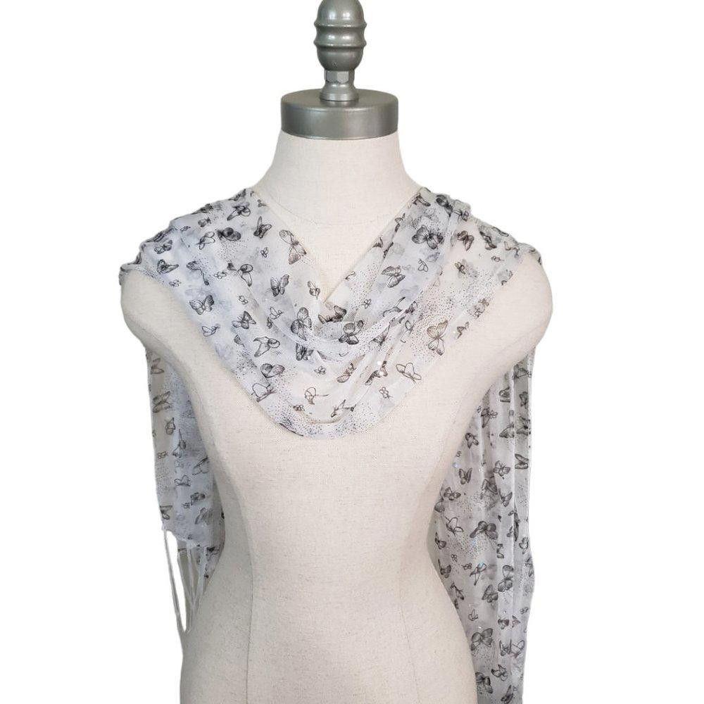 Designer CT853 Black & White Butterfly Sheer Scarf Size ONE SIZE - 1 Thumbnail