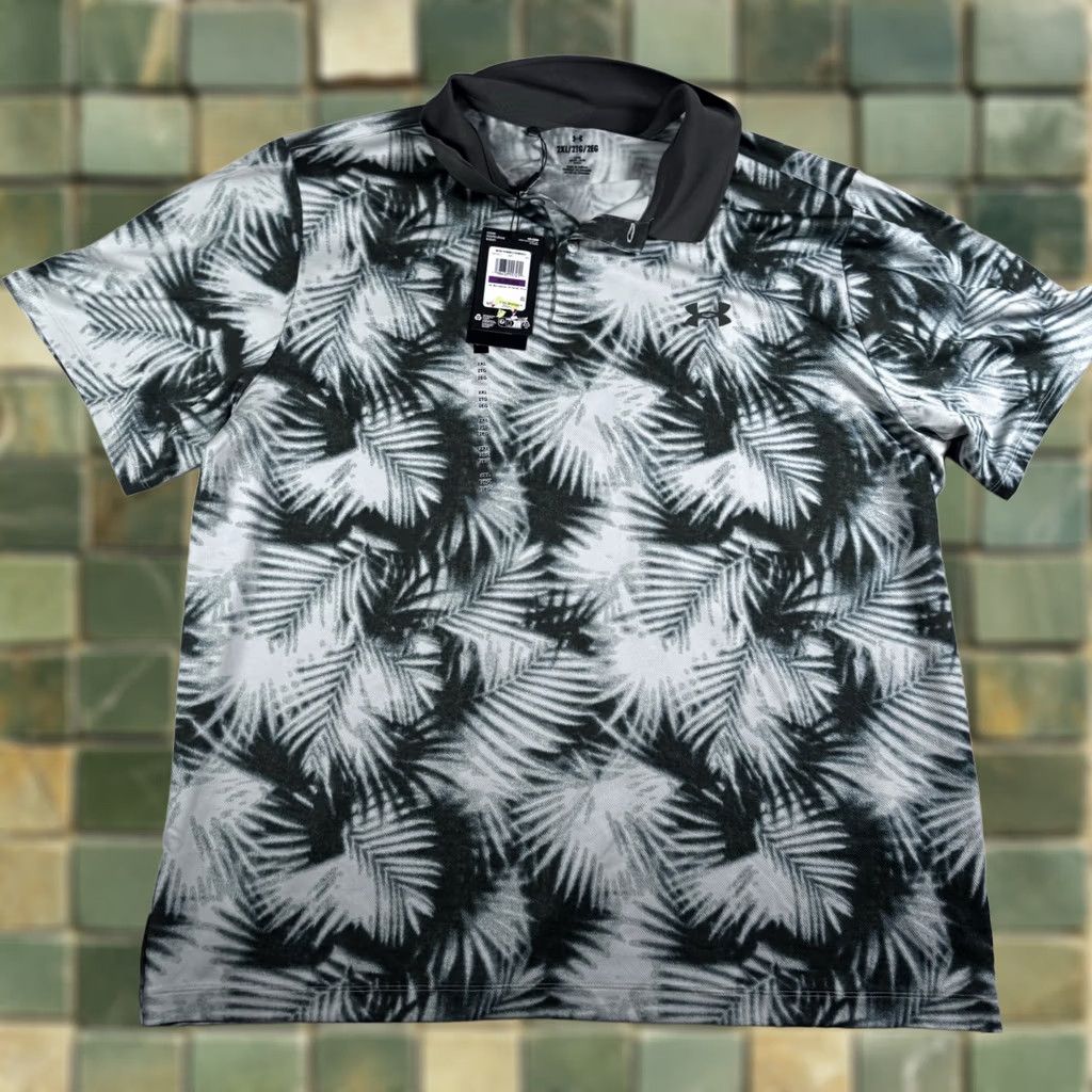 Under Armour Under Armour Matchplay Printed Polo Shirt Mens 2XL Palm Leaf Floral Green Short Sleeve Collared Moisture Wicking Athletic Golf Shirt Size US XXL / EU 58 / 5 - 1 Thumbnail