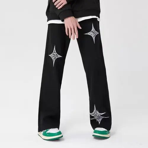 VIBE Black high street ins embroidered versatile wide leg jeans Size US 31 - 1 Thumbnail
