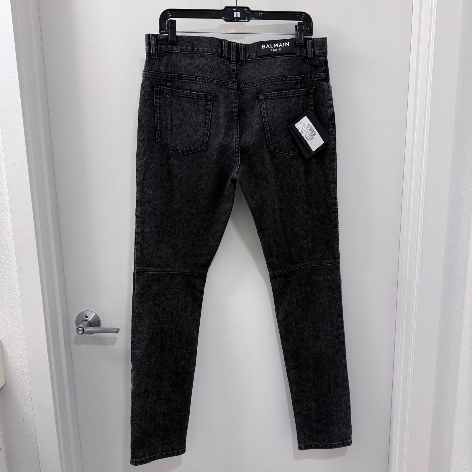 Balmain NWT $1350 Value Balmain Biker Jeans Washed Black Moto Denim Size US 33 - 2 Thumbnail