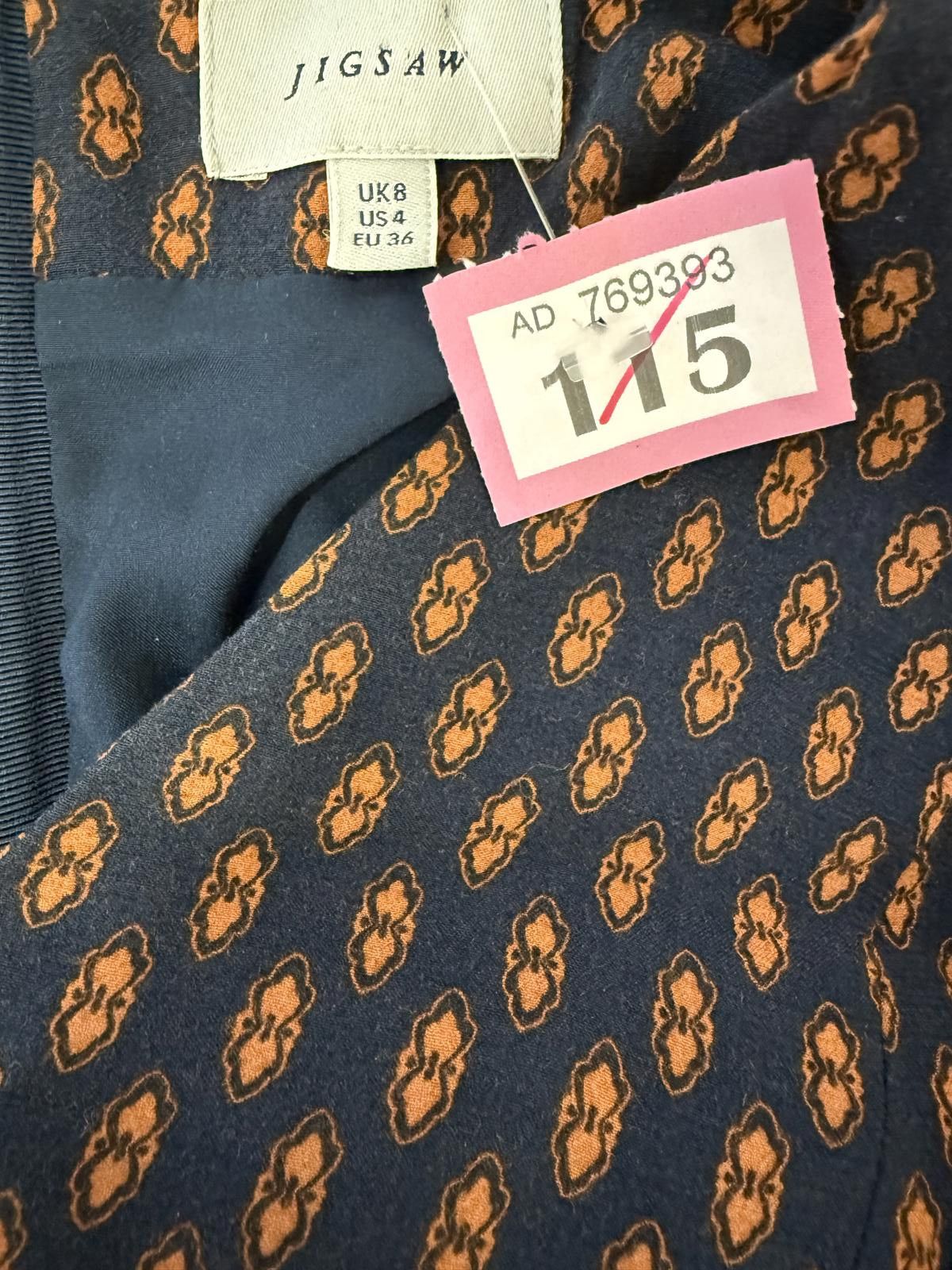 Jigsaw Jigsaw Navy Blue and Orange Patterned Long Sleeve Dress UK 8 Size S / US 4 / IT 40 - 2 Thumbnail