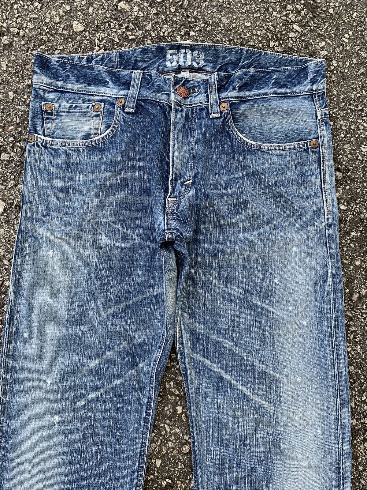 Japanese Brand FLARE💥EDWIN 503 FADED & RUSTY DISTRESSED DENIM Size US 35 - 5 Thumbnail