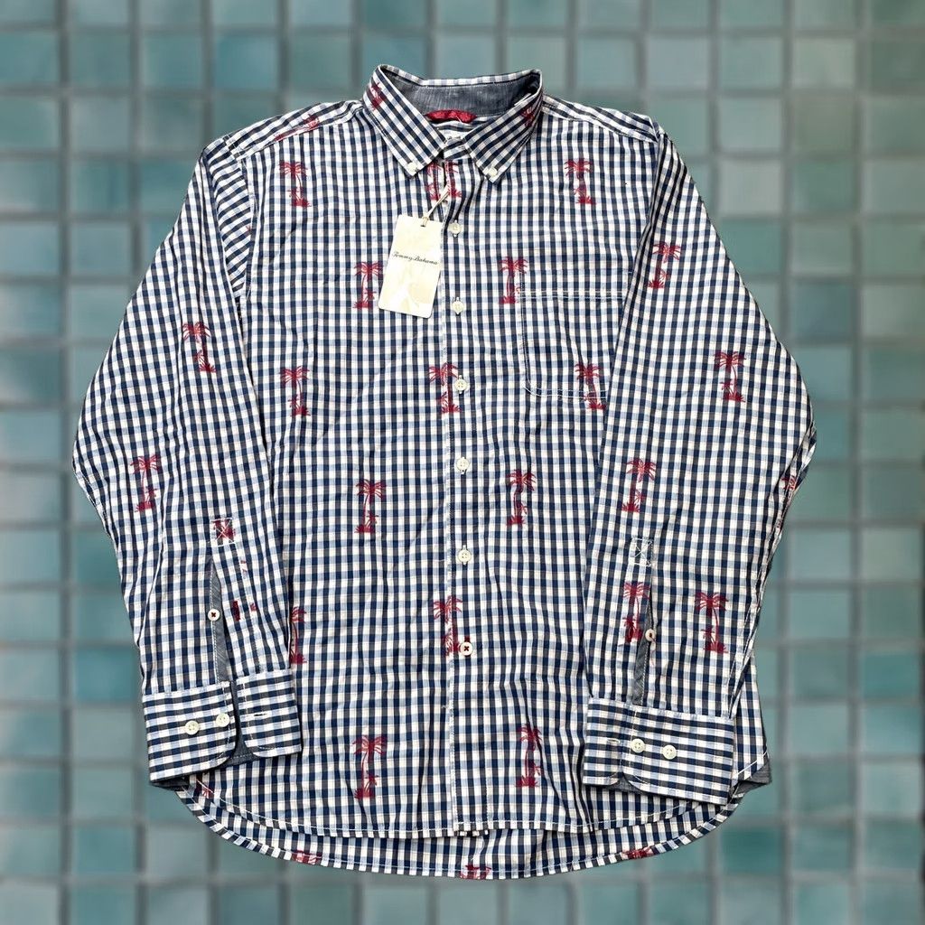 Tommy Bahama Tommy Bahama Shirt Mens Medium Blue Plaid Palm Tree Print Cotton Button Down Shirt Size US M / EU 48-50 / 2 - 1 Thumbnail