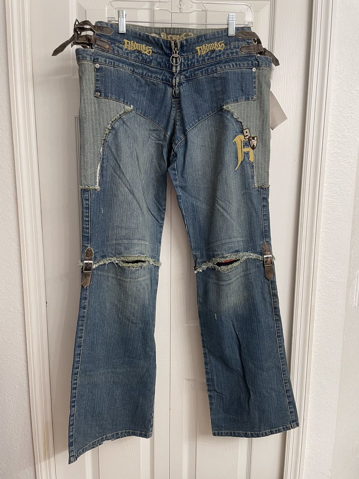 Akademiks AKDMKS Low Rise Jeans Embroidered/Patches/Leather Straps ...