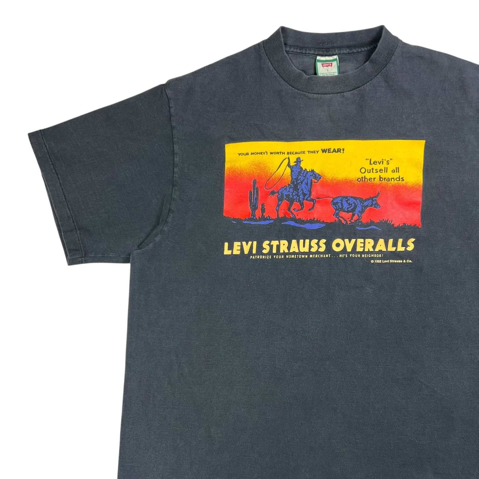 Levi's × Vintage 1992 Levi’s Levi Strauss Overalls Cowboy faded denim tee Size US L / EU 52-54 / 3 - 4 Thumbnail