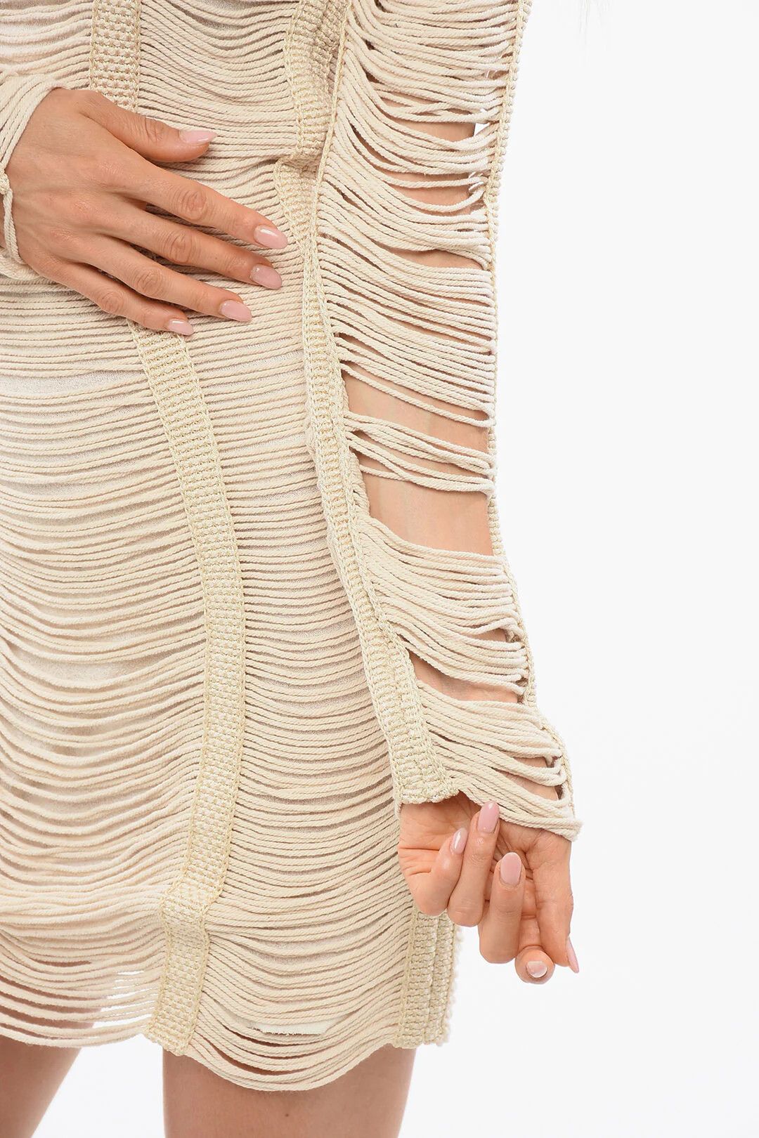 Balmain og1mm0326 Long-Sleeve Mesh Dress in Beige Size XS / US 0-2 / IT 36-38 - 3 Thumbnail