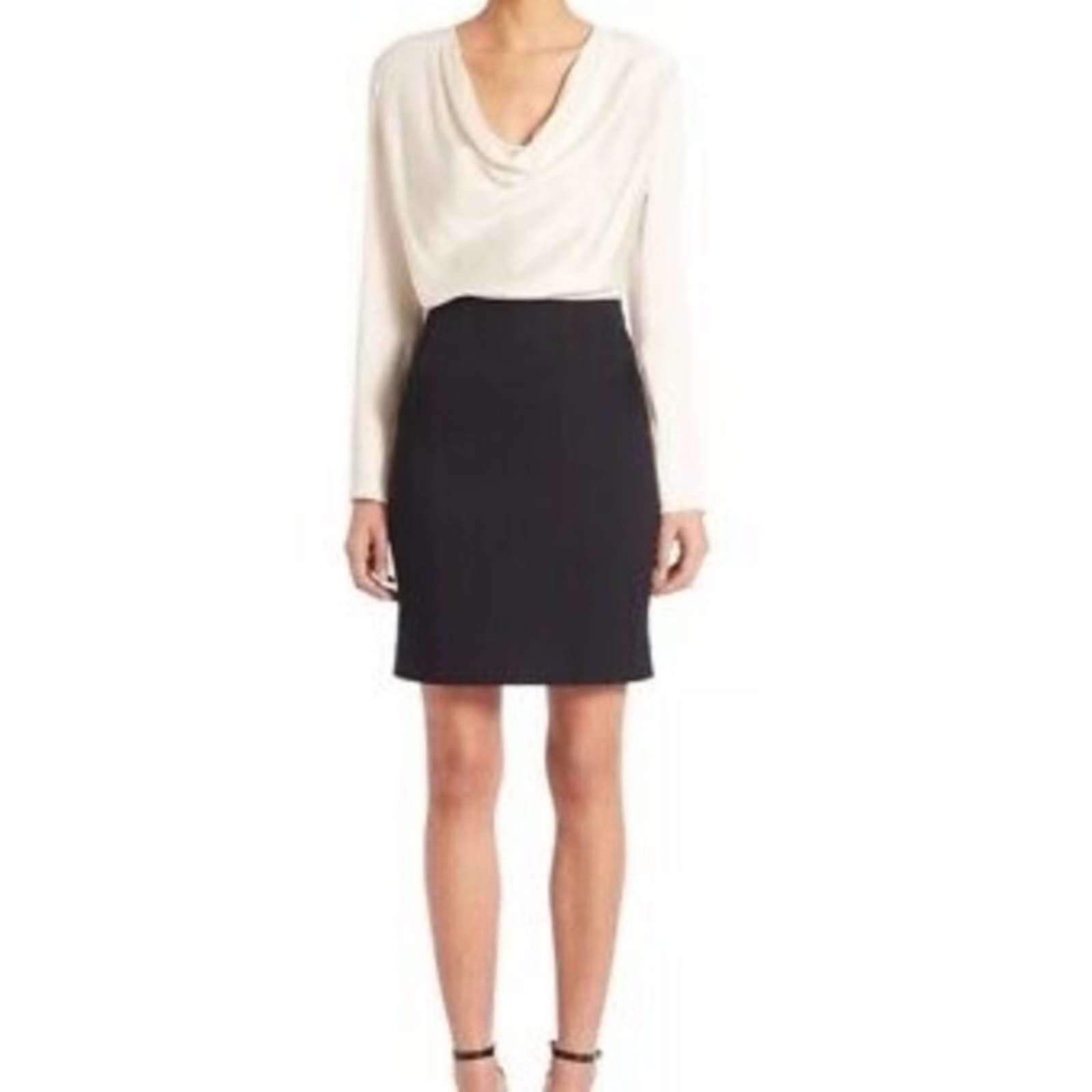 image of Lanvin Paris Black Ivory Color Block Draped Career Dress 38, Women's (Size Small)