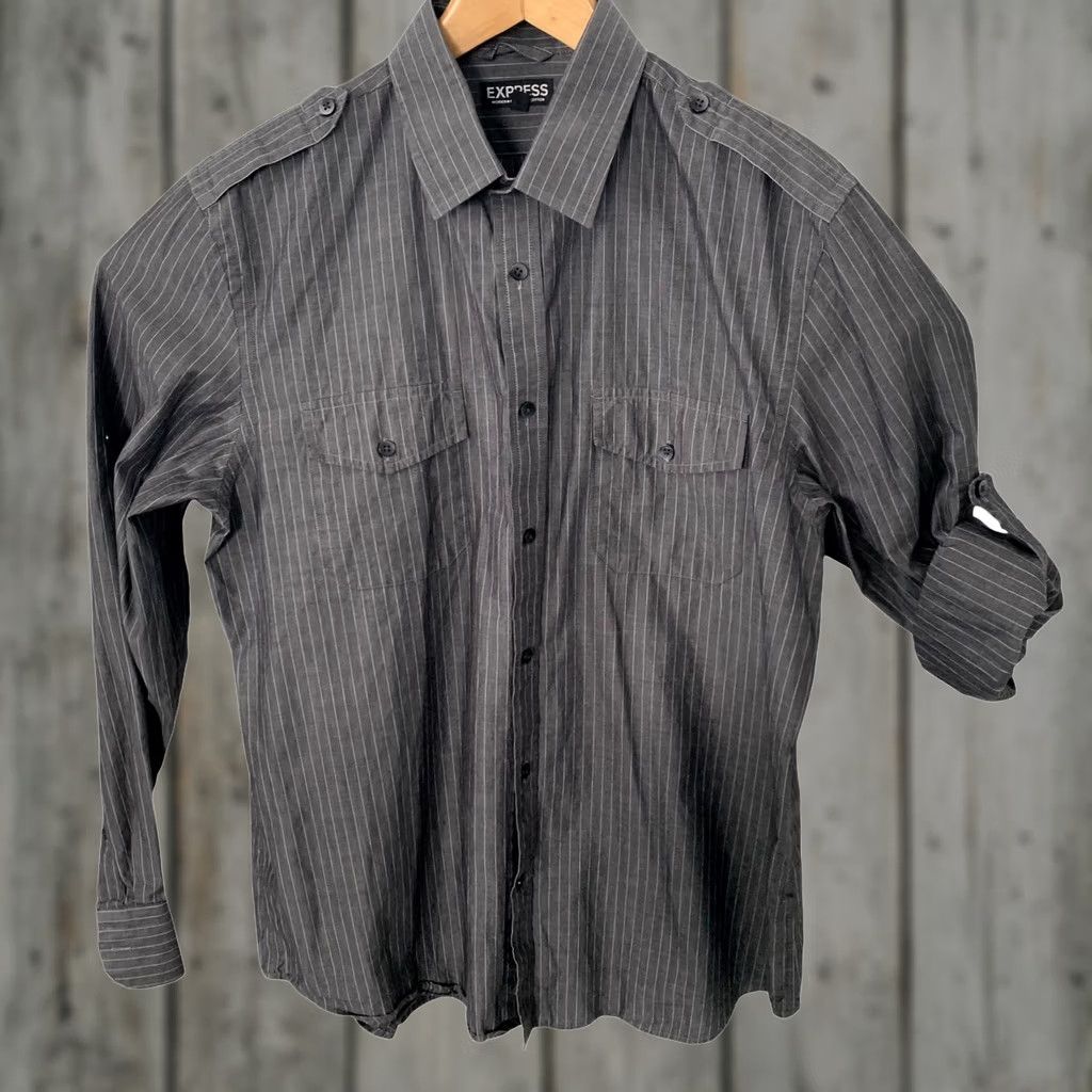 Express Express Shirt Mens Large Gray Double Pockets Utility Military Roll-Up Sleeve Shirt Size US L / EU 52-54 / 3 - 1 Thumbnail