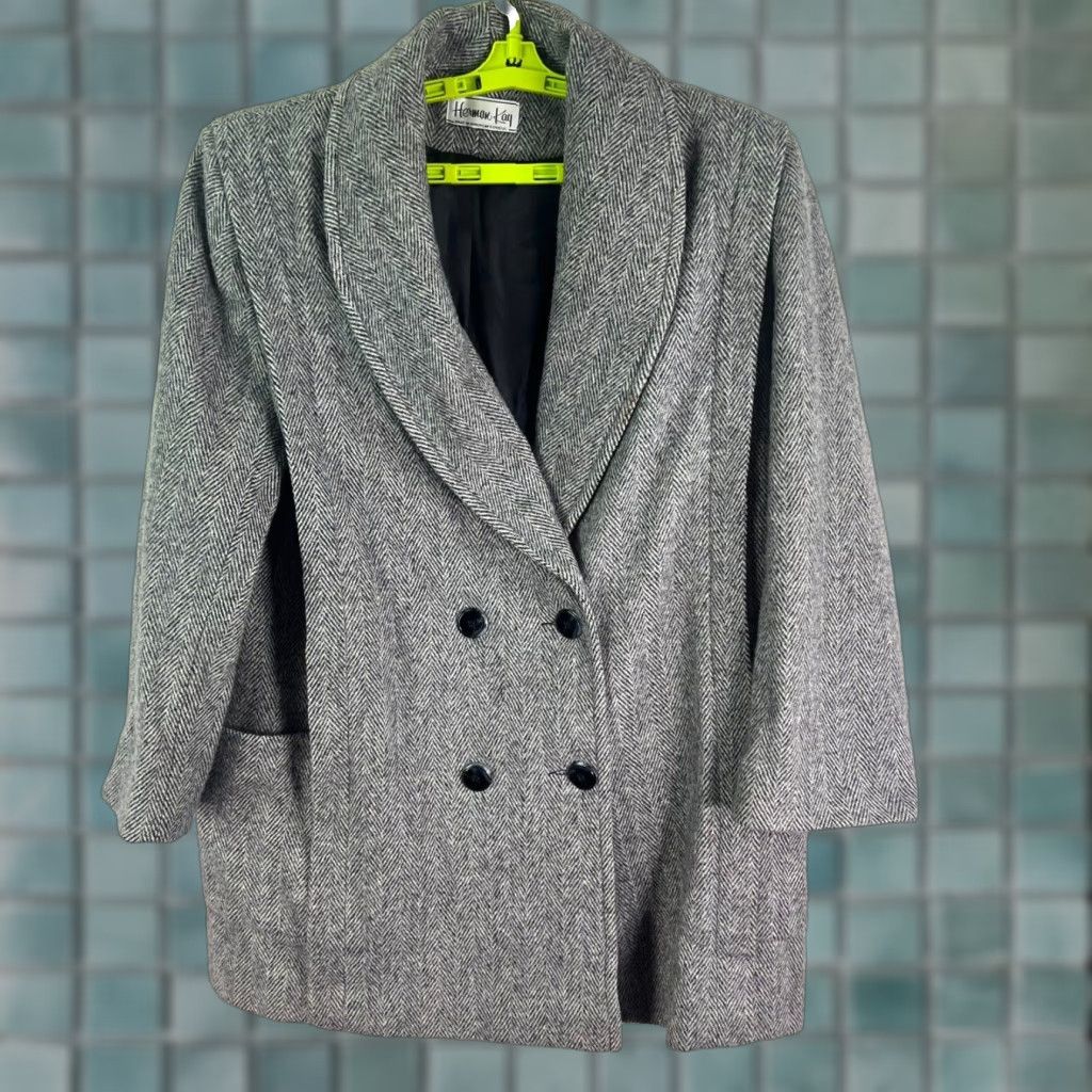 VINTAGE Herman Kay Pea Coat Women XL Gray Herringbone Wool Blend Mid-Length 80s USA