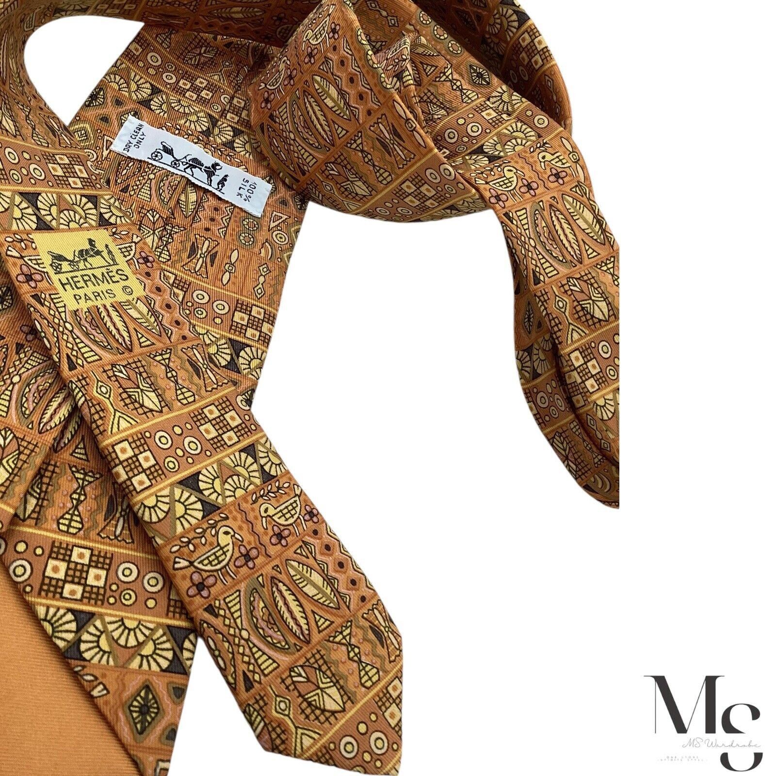 Hermes HERMES PARIS 7641 TA Orange Heiroglyphics Pattern Silk Tie F Size ONE SIZE - 6 Thumbnail