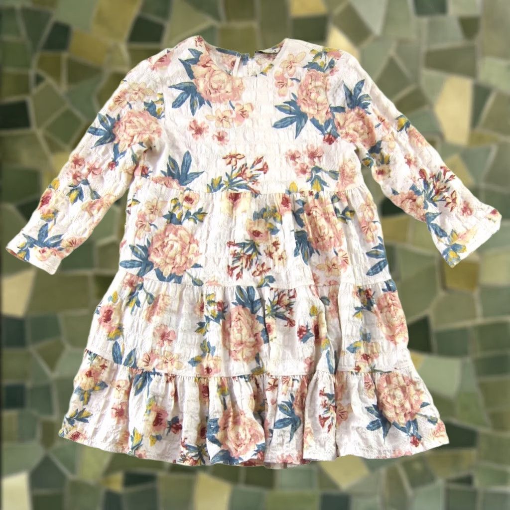zara green and pink floral dress ZARA Womens Small Ivory Brown 3/4 Sleeve Empire Waist Smock Sleeve Length Filter:Long Sleeves