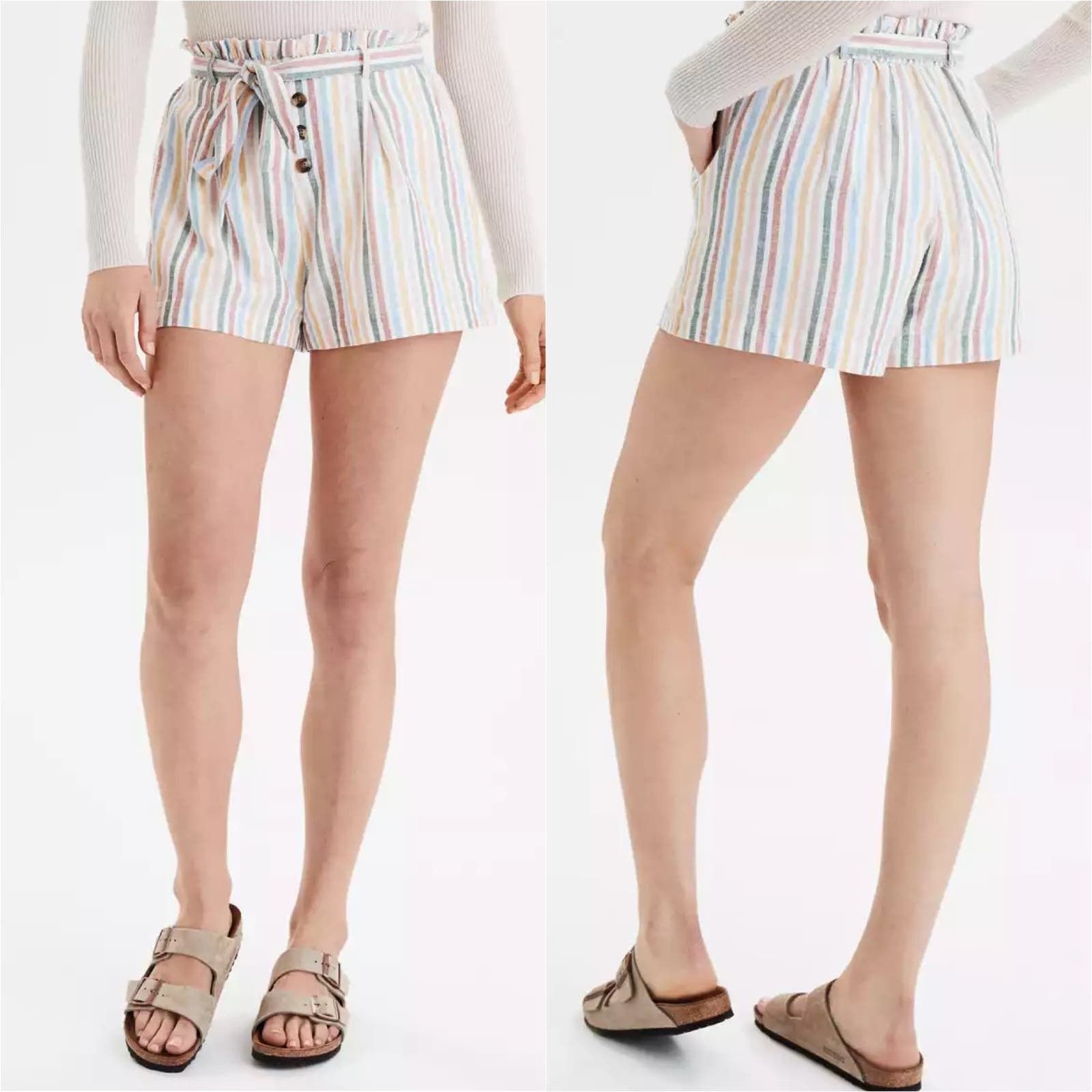 American Eagle Outfitters AE High-Waisted Striped Button Front Paperbag ...