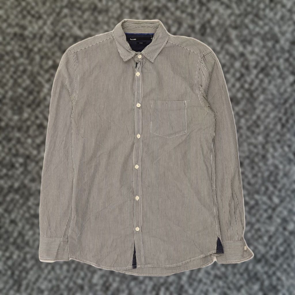 Jules Shirt Medium Navy Blue Striped Cotton Fitted Mens Bj02, Men's