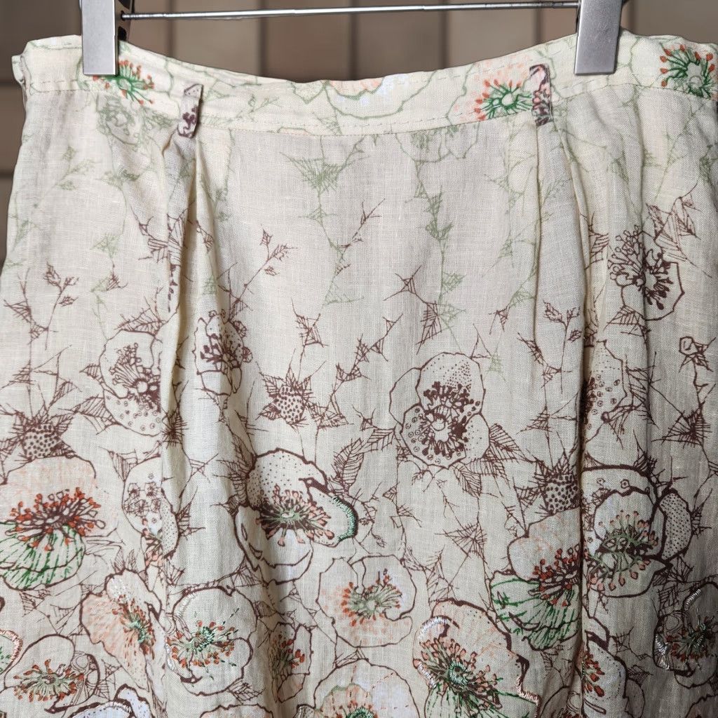 Elie Tahari Elie Tahari Skirt 100% Linen Beige Floral Embroidered Flare-Size 12 Womens Knee Length Bohemian, Flower, Art, Beach Size 34" / US 12 / IT 48 - 1 Thumbnail
