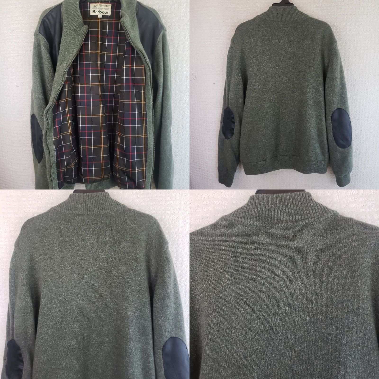 Barbour Barbour Danby Lined Full Zip Sweater Men L Olive Wool Leather Elbow Pads Barbour Zipper Pulls Plaid Internal Liner Vintage: No Size US L / EU 52-54 / 3 - 9 Thumbnail