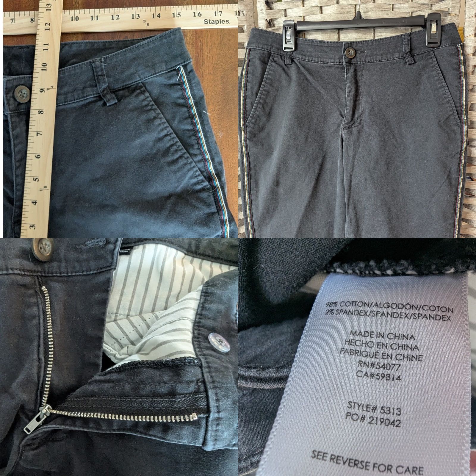 Vintage Cabi Charcoal Gray Rainbow Side Stripe Pants Womens 6 Casual Workwear Slim Tapered Front Flat Front Pockets Button Zip Size 28" / US 6 / IT 42 - 8 Thumbnail