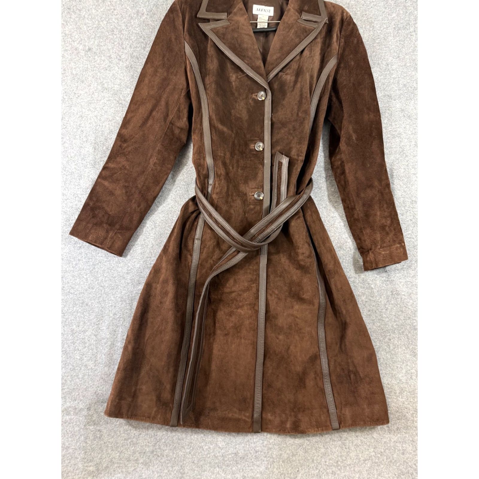 Alfani Alfani Trench Coat Womens L Brown Genuine Leather Lined Belt Waist Notch Lapel Size L / US 10 / IT 46 - 4 Thumbnail