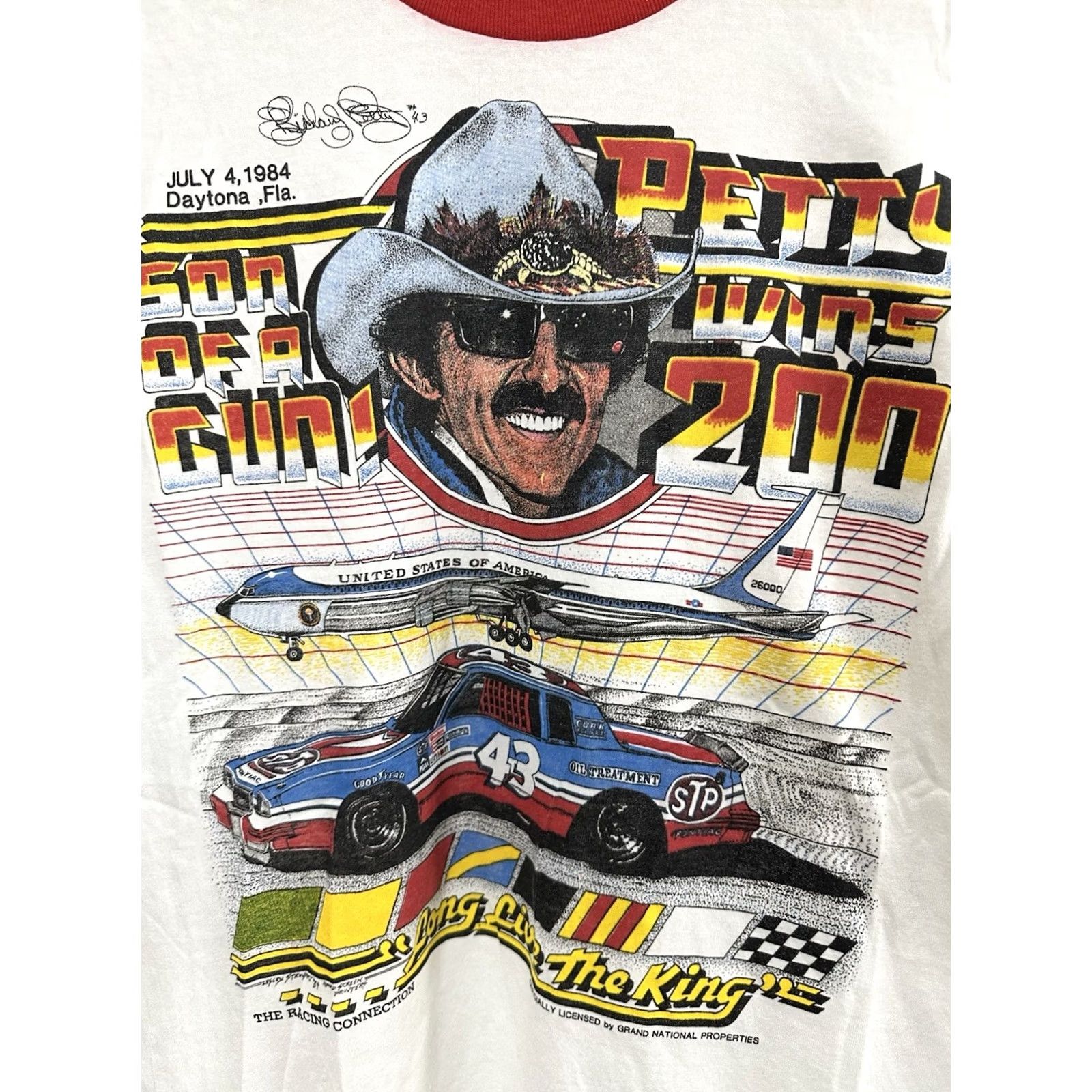 NASCAR VTG 80s Richard Petty Son Of A Gun Wins 200 Nascar Ringer T-Shirt XL White Nascar Racing Mens T-Shirt XL, White, Short Sleeve, Vintage Sportswear Plus Size US XL / EU 56 / 4 - 4 Thumbnail