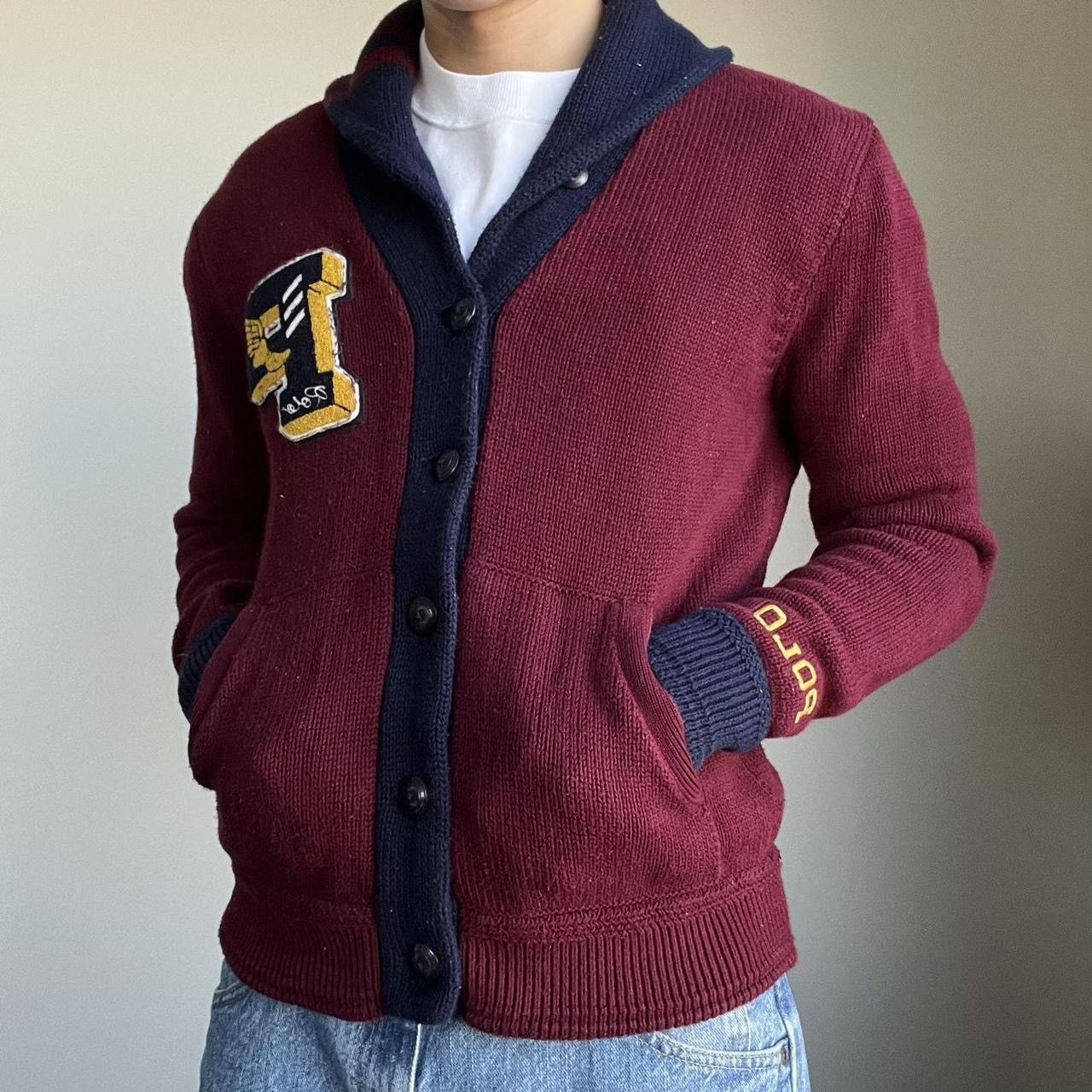 image of Polo Ralph Laurent Shawl Wing Varsity Cardigan in Burgandy, Men's (Size Small)