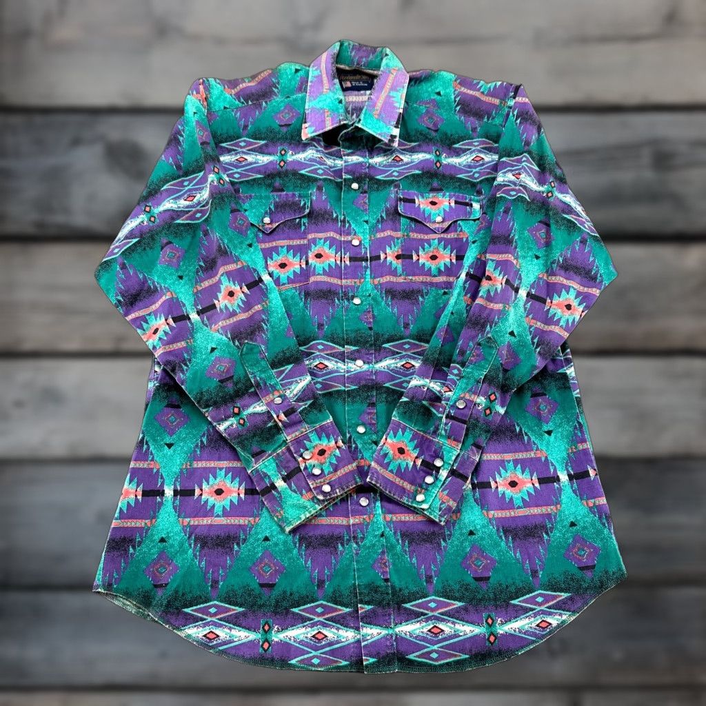 Vintage VINTAGE Panhandle Slim Shirt Men 16.5 34 Purple Green Black Pearl Snap Aztec 90s Size US XL / EU 56 / 4 - 1 Thumbnail