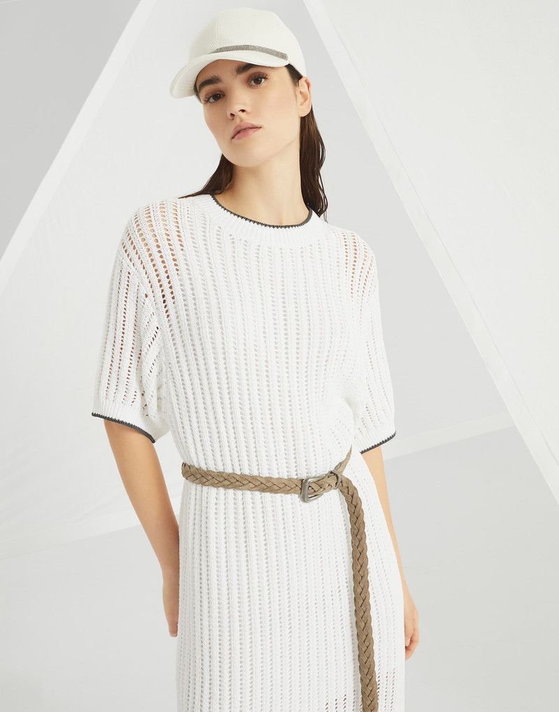 Brunello Cucinelli o1la1rc1a0326 Cotton Openwork Rib Knit Dress in White Size M / US 6-8 / IT 42-44 - 4 Thumbnail