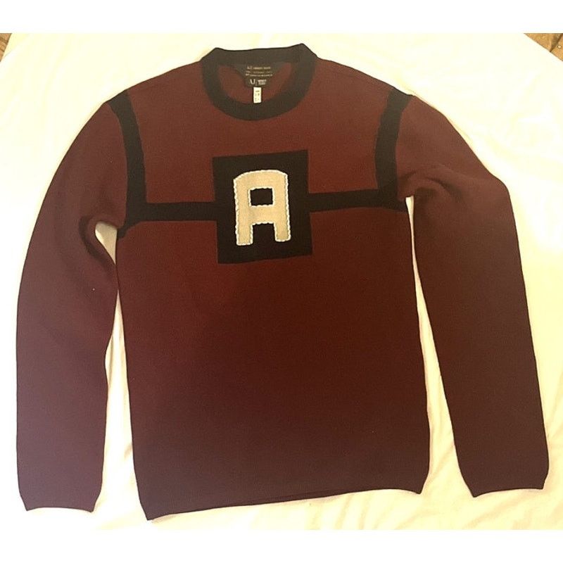 Armani AJ Armani Jeans Wool Sweater - Maroon & Navy - Size: L Size US L / EU 52-54 / 3 - 3 Thumbnail