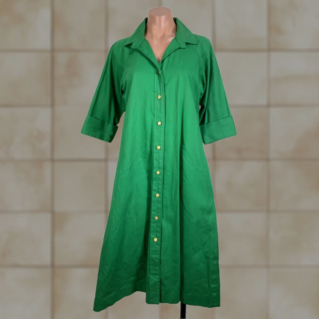Venus VINTAGE Venus Barsa Green Canvas Gold Button House Coat Dress Kaftan ARIEL sz S Size S / US 4 / IT 40 - 1 Thumbnail