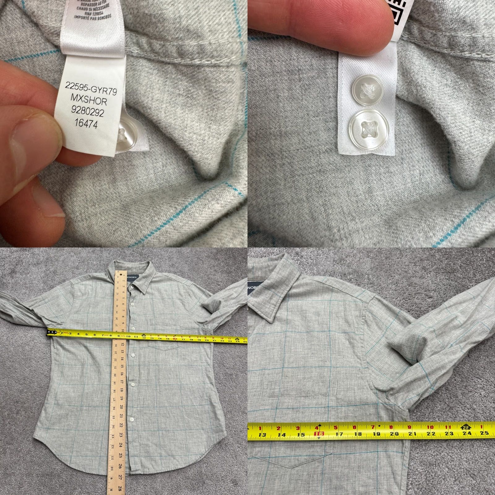 Bonobos Bonobos Slim Fit Cotton Windowpane Button Down shirt Mens Medium Gray Blue Check Size US M / EU 48-50 / 2 - 8 Thumbnail