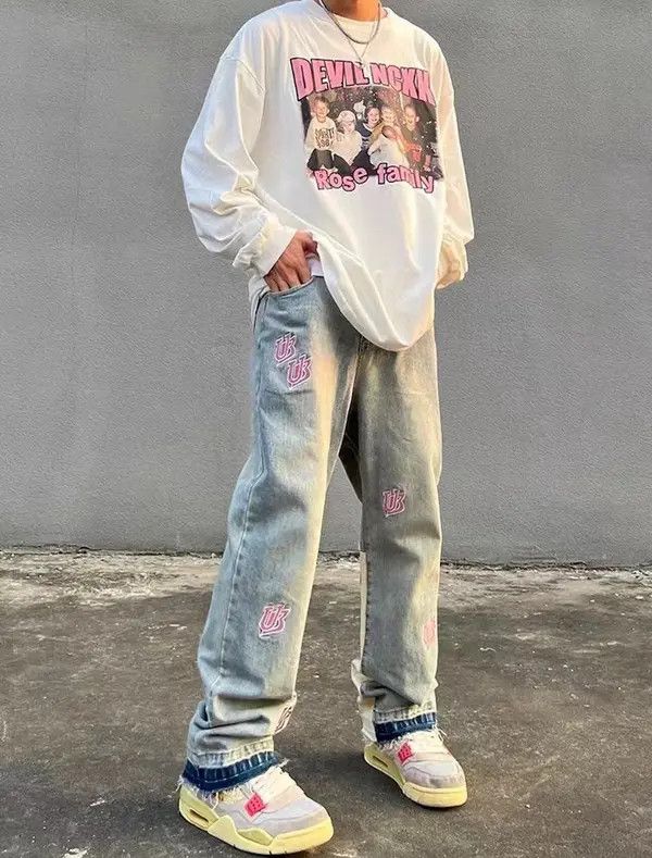 image of Washed Distressed Embroidered Lettering Jeans in Litgh Blue, Men's (Size 34)