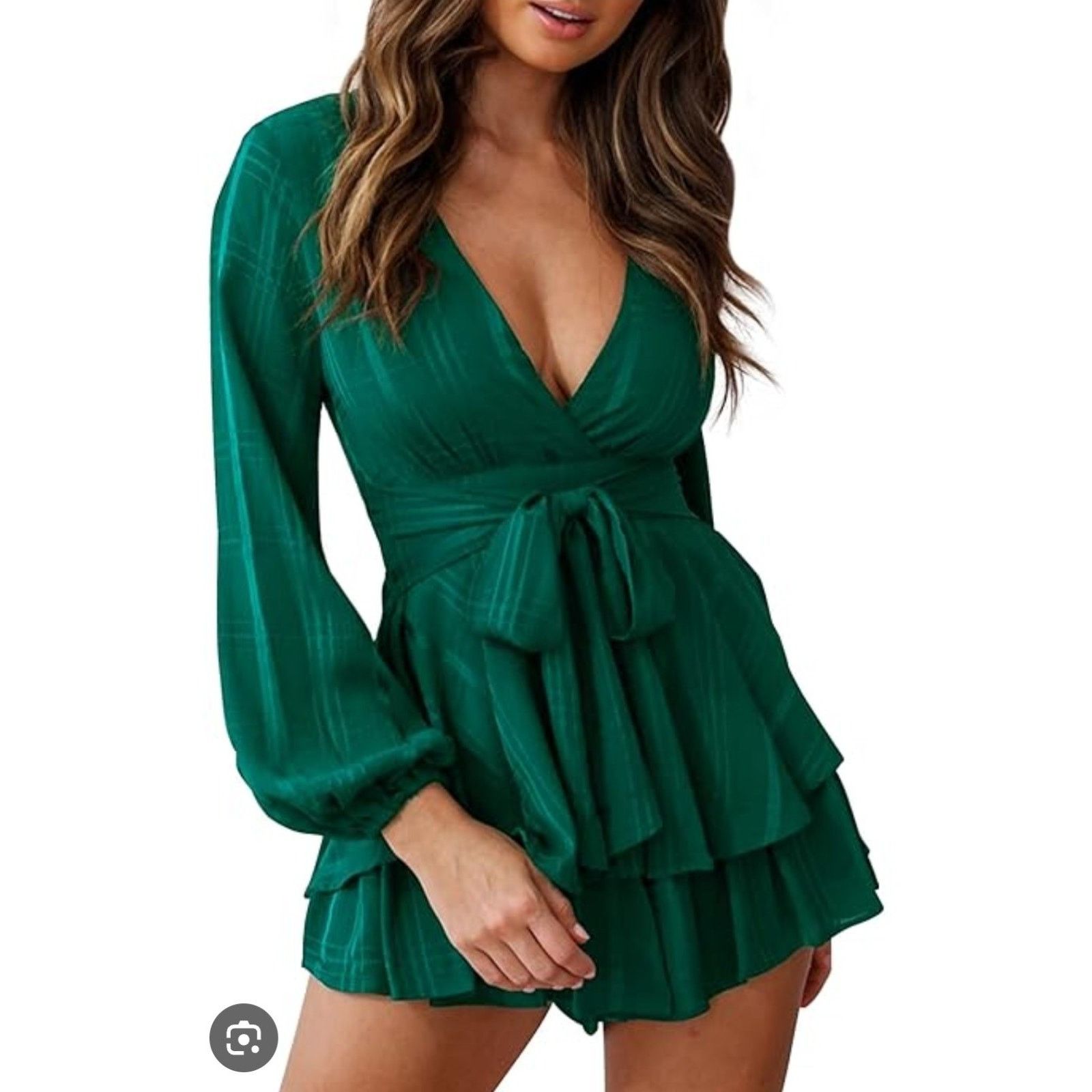 Daydreamer NWT Deep V-Neck Tie Ruffle Baby Doll Mini Romper Dress XS Size 26" / US 2 / IT 38 - 11 Thumbnail