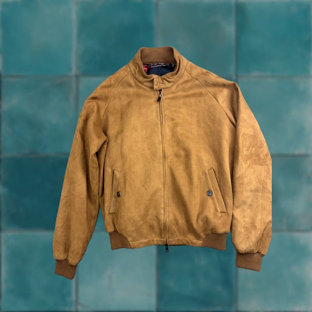 Vintage PHIX Jacket Mens Large Brown Faux Suede Bomber Full Zip Lined Plaid Trim Ribbed Collar Pockets Size US L / EU 52-54 / 3 - 1 Thumbnail
