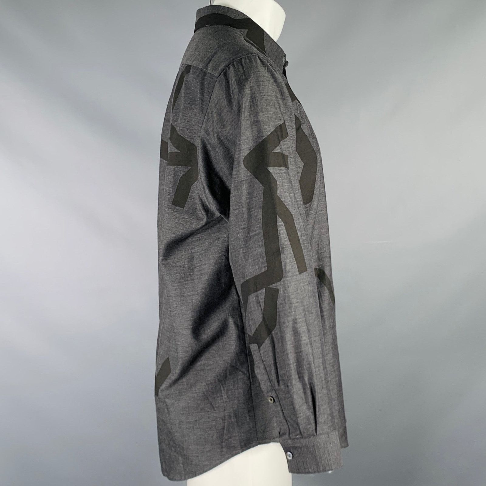 Wooyoungmi Grey Black Graphic Cotton Button Up Long Sleeve Shirt Size US M / EU 48-50 / 2 - 2 Thumbnail