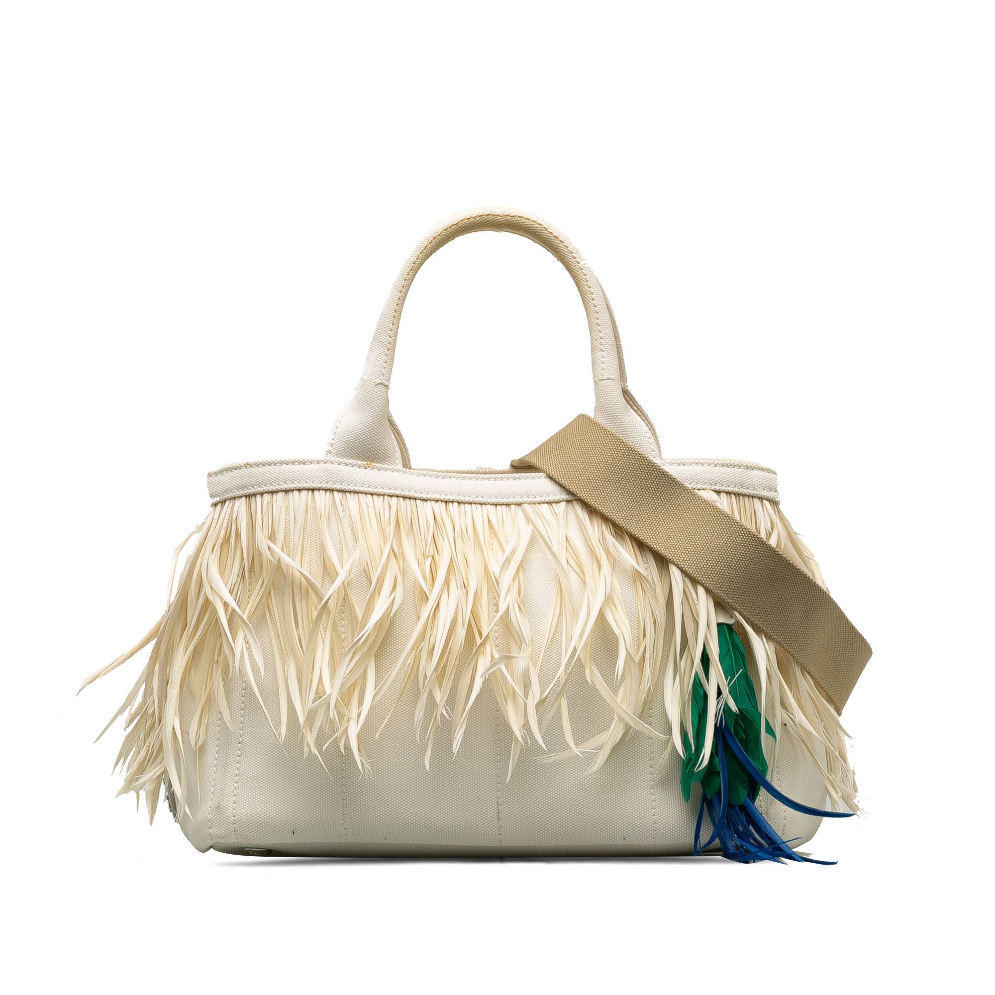 image of Prada Feather-Trimmed Canapa Satchel in White, Women's
