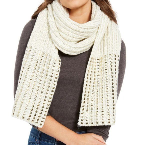 DKNY DKNY Flat-Stud Metallic Rib-Knit Scarf, Ivory/Gold Size ONE SIZE - 1 Thumbnail