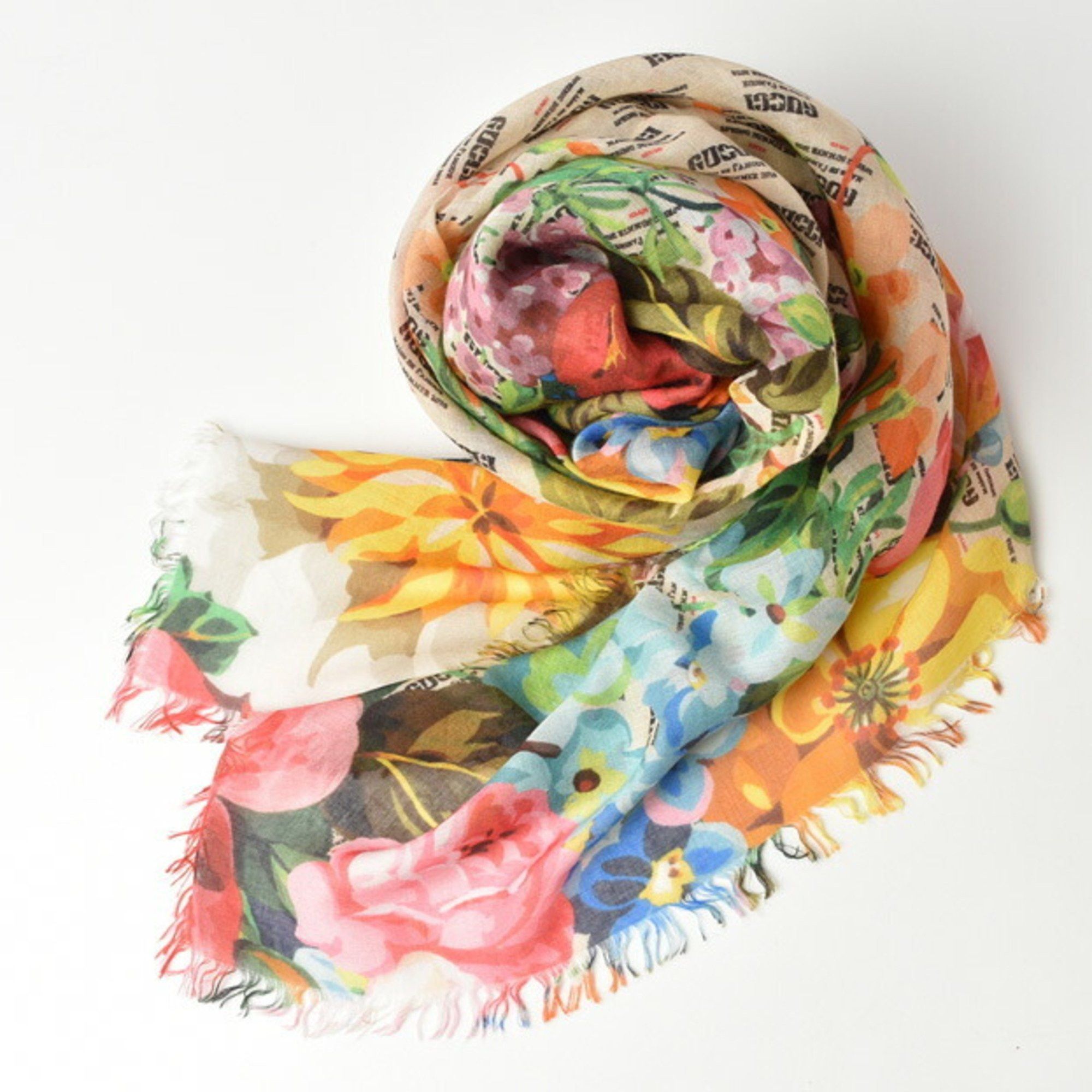 image of Gucci Twill Scarf Shawl Gucci Muffler Flower Motif GG Pattern Brown Beige, Women's