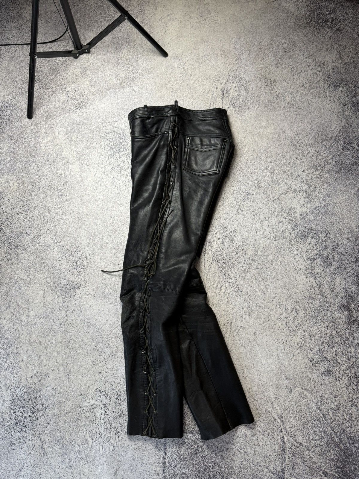 Leather Mens Vintage Biker Leather Pants stripe's Japanese brand y2k Size US 31 - 24 Thumbnail