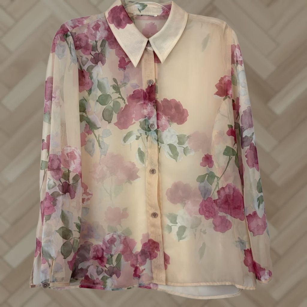 Vintage VINTAGE Boho Flowy Floral Sheer Chiffon Top Career Romantic Large Womens Size L / US 10 / IT 46 - 1 Thumbnail