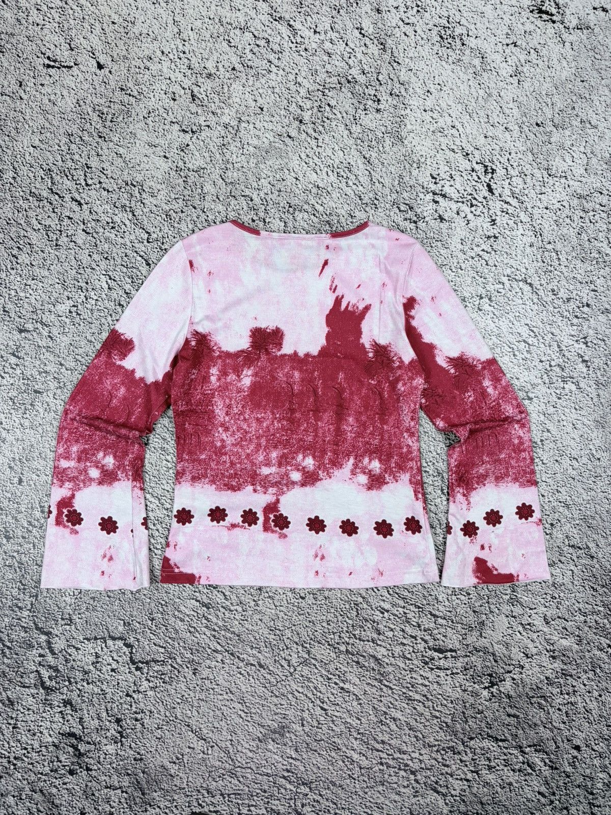 Japanese Brand Vintage Y2K Pink Tie Dye Rhinestone Flare Longsleeve Tee Size S / US 4 / IT 40 - 7 Thumbnail