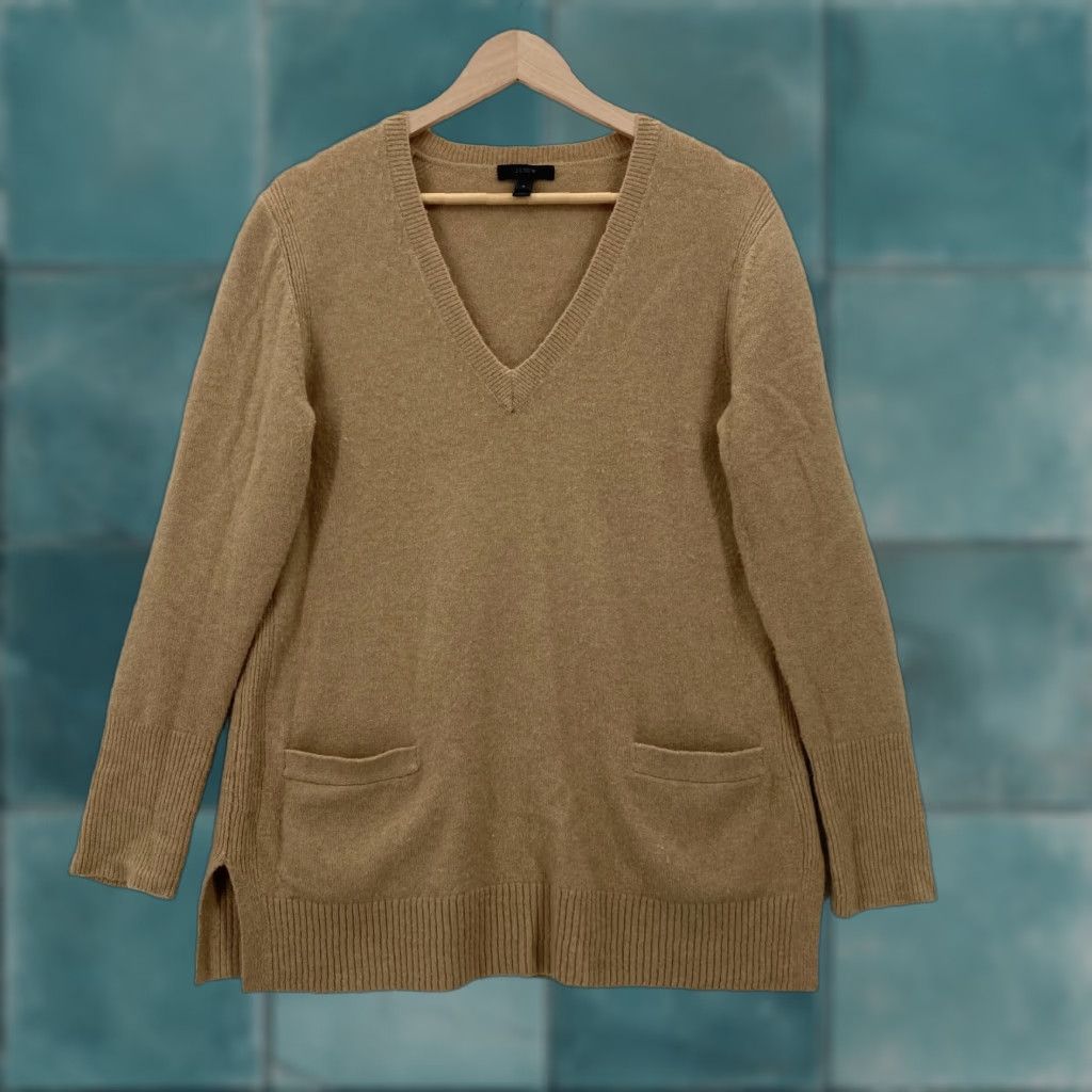 J.Crew J.CREW Sweater Womens Small Tan Wool Blend Alpaca V-Neck Pullover Pocket Cozy Knit Shirt (Casual, Workwear) Size S / US 4 / IT 40 - 1 Thumbnail