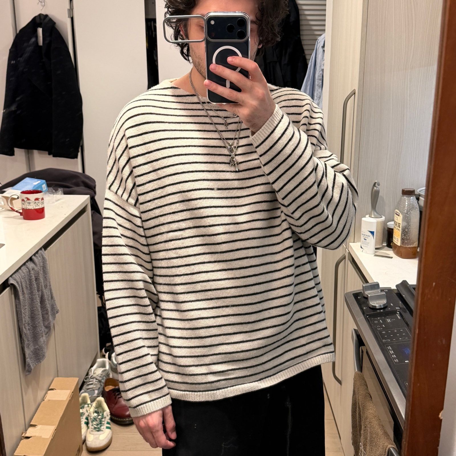 Allsaints AllSaints Oversized Fit Striped Crewneck Sweater Ivory Size US M / EU 48-50 / 2 - 5 Thumbnail