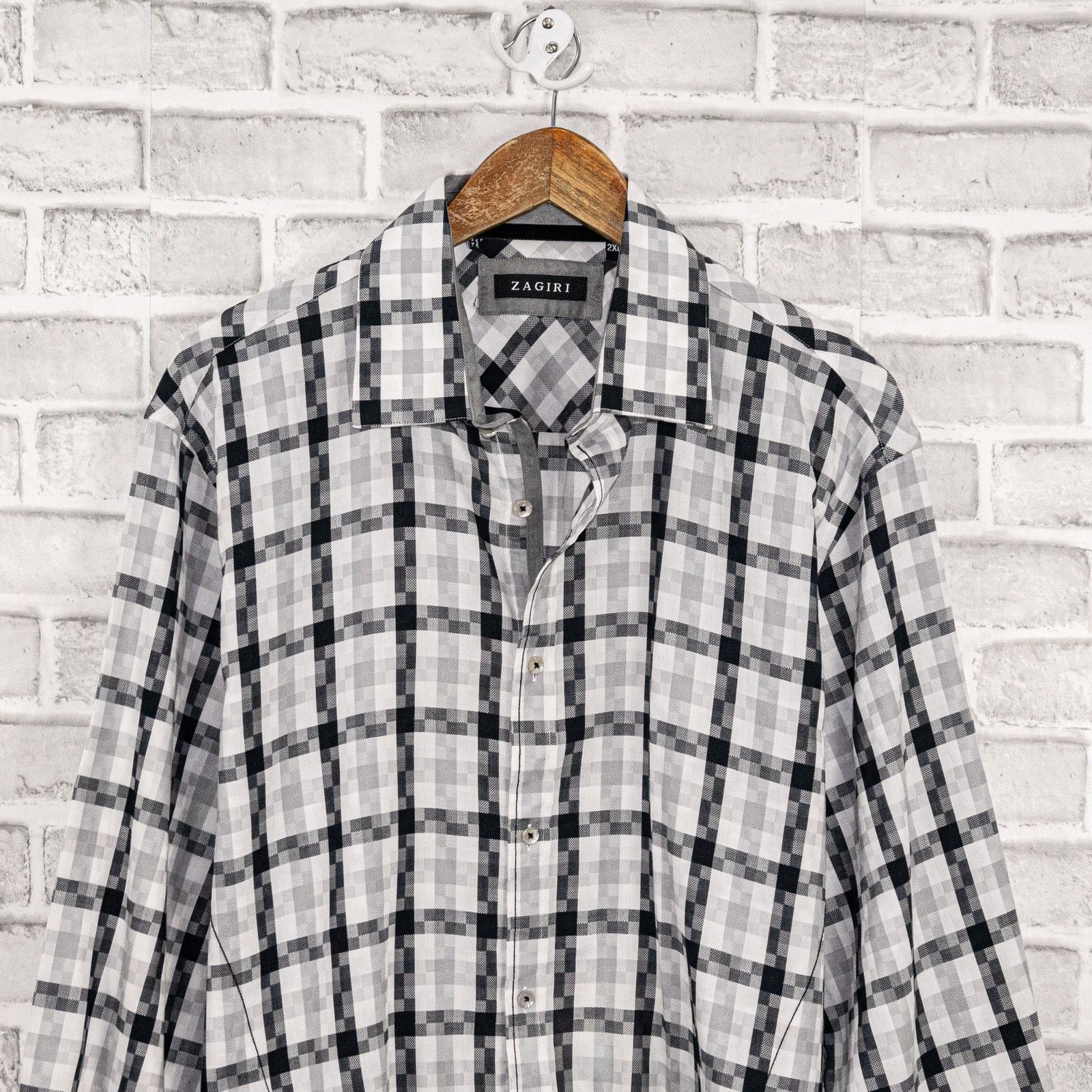 ZAGIRI ZAGIRI Men's Button up Shirt in White Gray Grid check Size US XXL / EU 58 / 5 - 3 Thumbnail